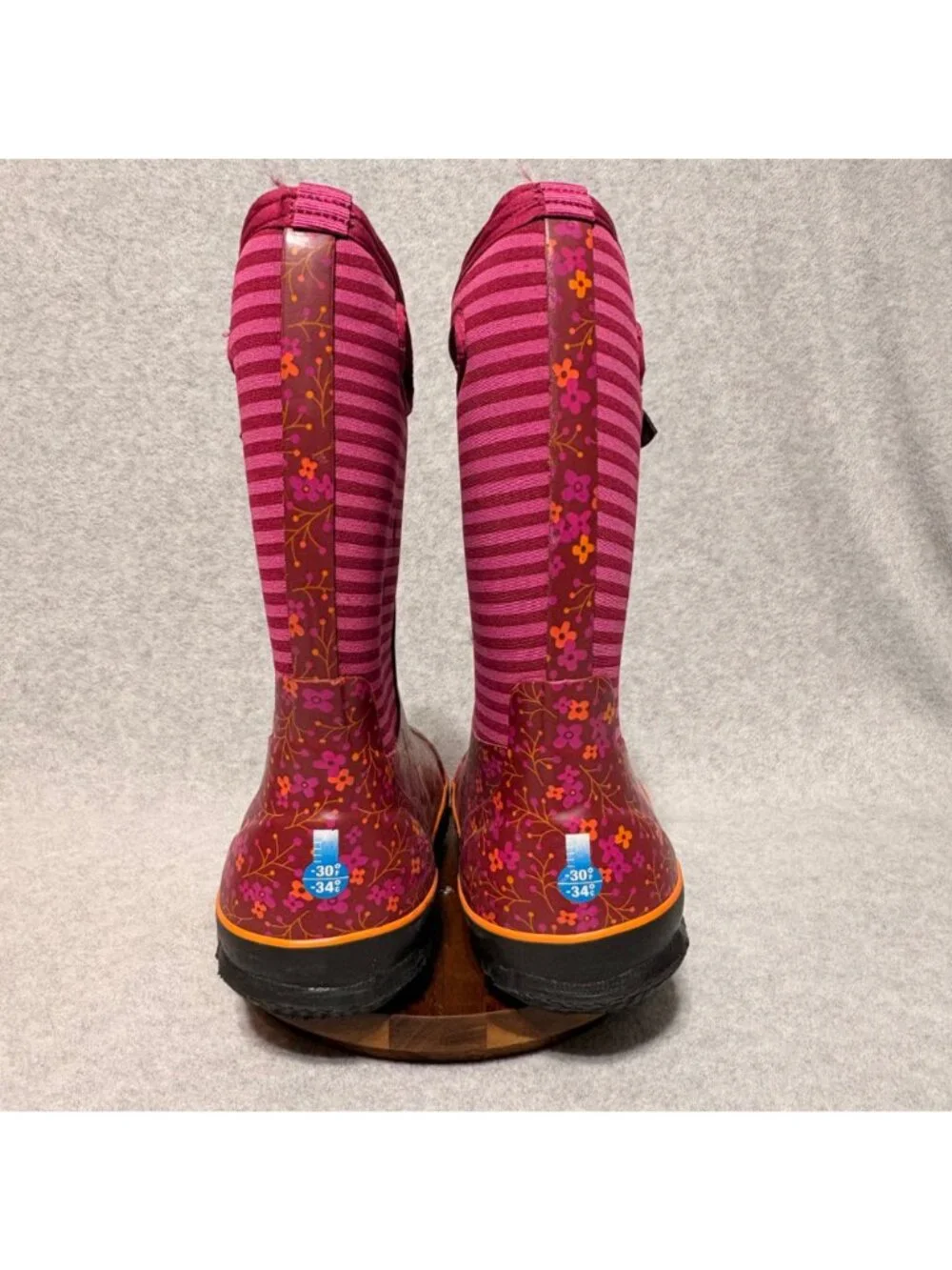 Bogs Boots Kids Sz 5 Classic Pink Flower Stripe Waterproof Winter Snow -30°F